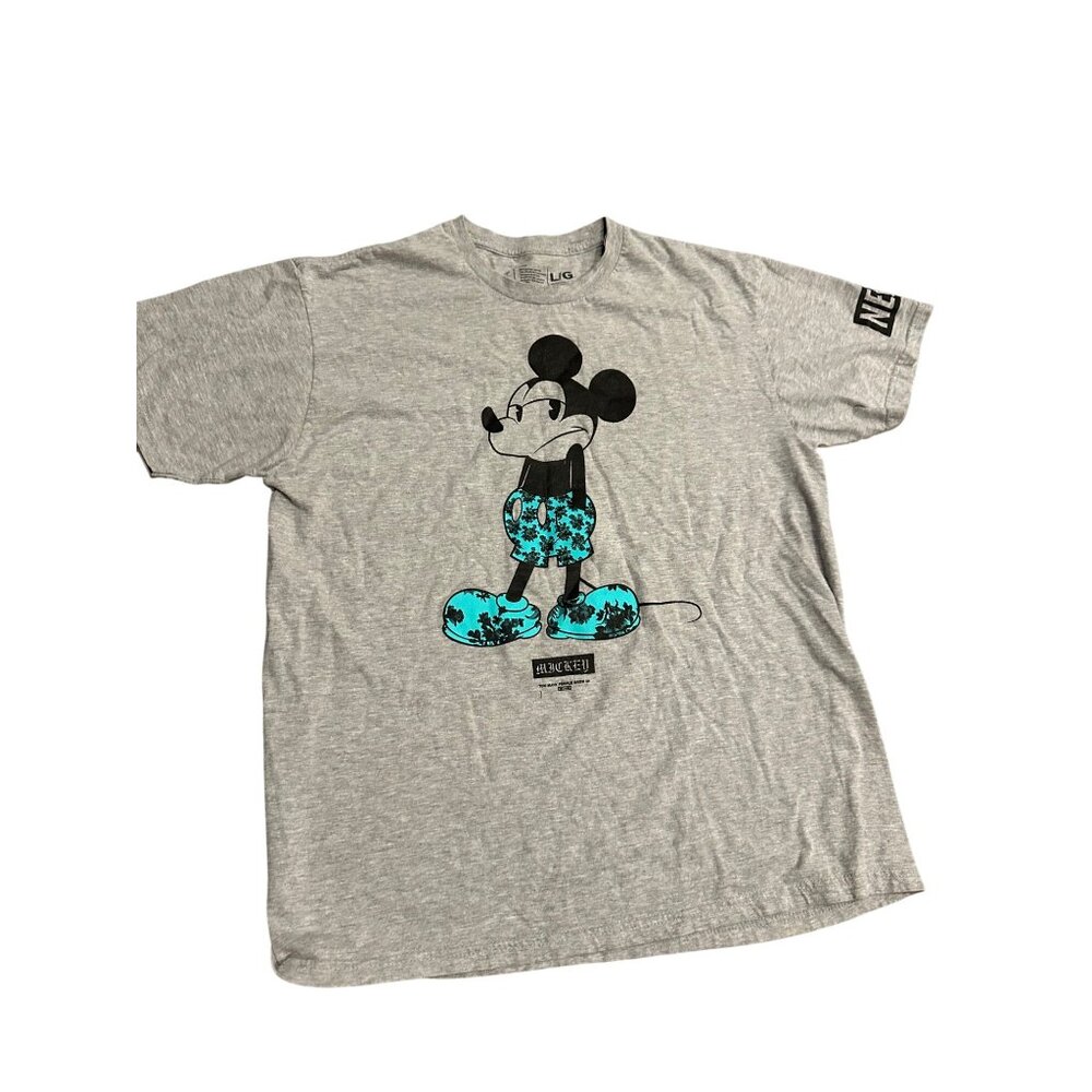 Disney Mickey Mouse Gray Graphic T-Shirt L/G Blue Floral Shorts Design Cotton Bl